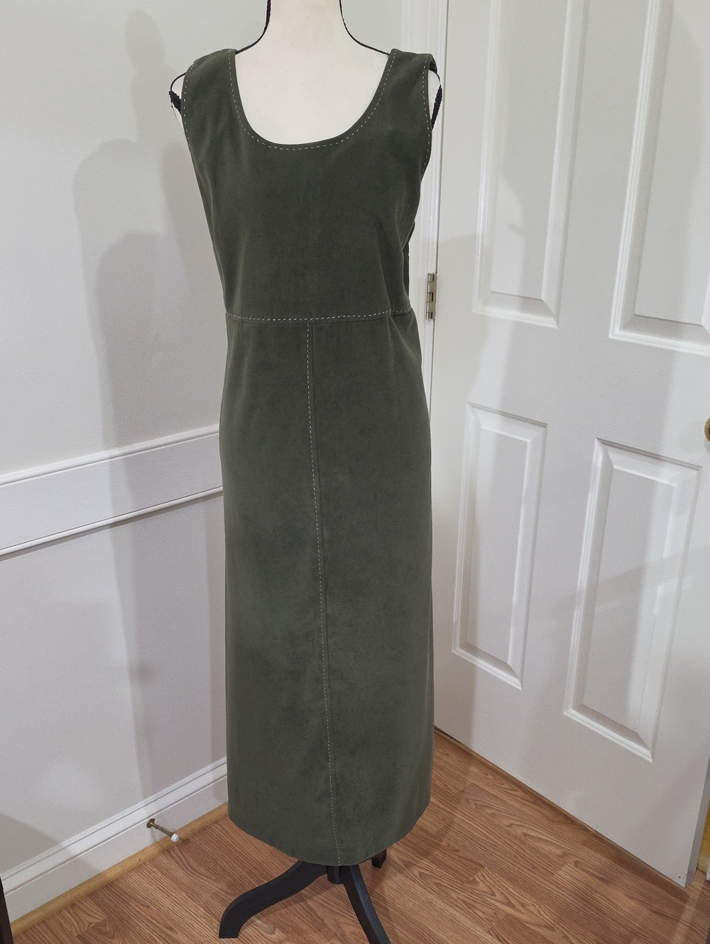 Vintage White Stag Faux Suede Jumper Dress Olive Green Midi - Size Large (12-14)
